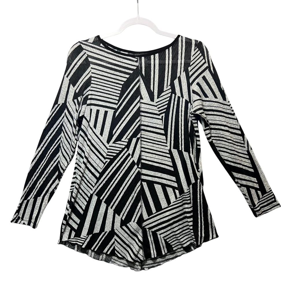 Vintage Y2K Lasania Black Silver Geometric Crinkle Knit Long Sleeve Top Sz 12